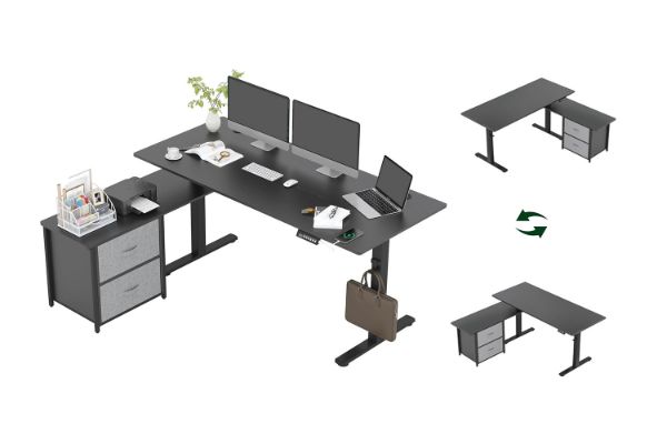 Picture of NEXUS 160 Electric Height-Adjustable Standing Desk With Side Cabinet Shelf & LED Display & USB Charging Port (Black)