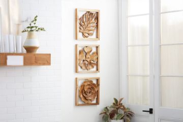 Picture of 650-018 Hand-carved Teak Root Flower and Leaf Wall Art - Set of 3