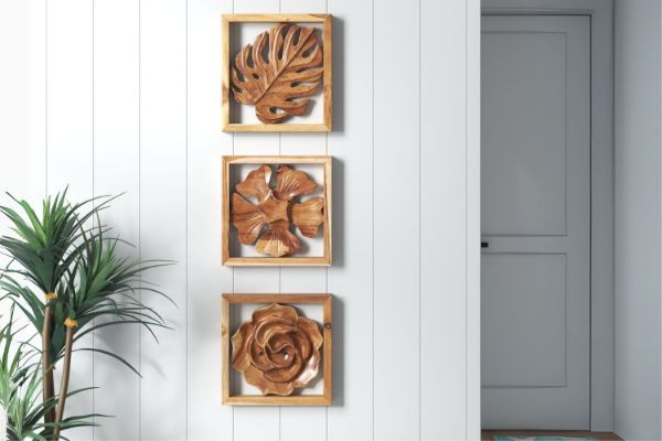 Picture of 650-018 Hand-carved Teak Root Flower and Leaf Wall Art - Set of 3