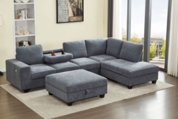 Picture of OSAKA Sectional Sofa with Storage Ottoman, Flip-Back Hidden Console & USB & Type-C Port (Grey)