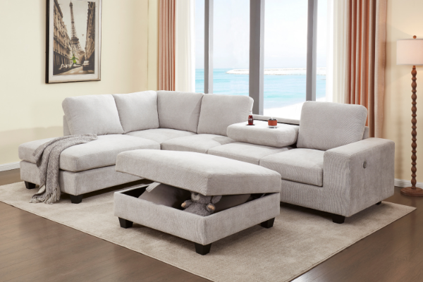 Picture of OSAKA Sectional Sofa with Storage Ottoman, Flip-Back Hidden Console & USB & Type-C Port (Beige)