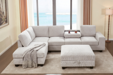 Picture of OSAKA Sectional Sofa with Storage Ottoman, Flip-Back Hidden Console & USB & Type-C Port (Beige)