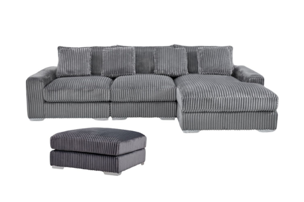 Picture of WINSTON Corduroy Modular Sectional  Sofa (Grey) - Chaise Facing Right with Ottoman (4PC Set)