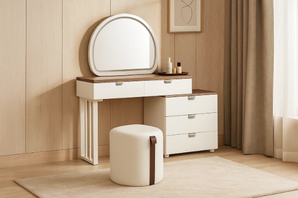 Picture of THIAGO 5-Drawer 110-140 Extension Tray Top Dressing Table with LED Mirror and Zerra Makeup Stool Set