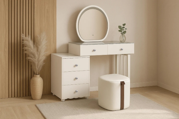 Picture of KALINA 5-Drawer 80-120 Dressing Table with LED Mirror and Zerra Makeup Stool Set