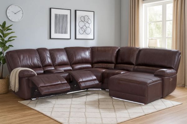 Picture of ORREN Air Leather Power Reclining Sectional Sofa with LED Lights & Cooling Cup Holders - Chaise Facing Right (Dark Brown)