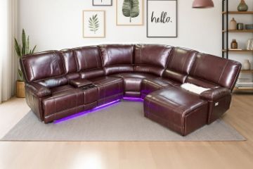 Picture of ORREN Air Leather Power Reclining Sectional Sofa with LED Lights & Cooling Cup Holders - Chaise Facing Right (Dark Brown)