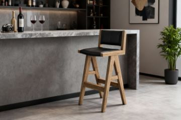 Picture of TIMBERA Solid Reclaimed Pine Wood Frame Bar Chair with Genuine Leather Seat and Backrest