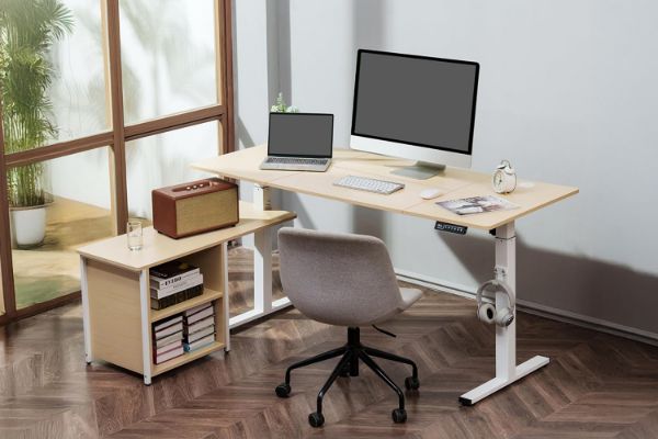 Picture of NEXUS 160 Electric Height-Adjustable Standing Desk With Cabinet Shelf & LED Display & USB Charging Port (Light Oak)