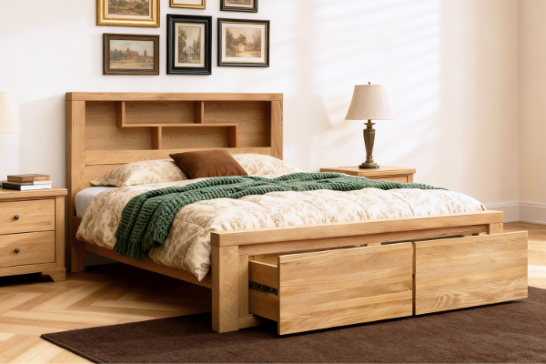 Picture of HEYFIELD Solid Oak Bedframe with Storage in Queen/King Size
