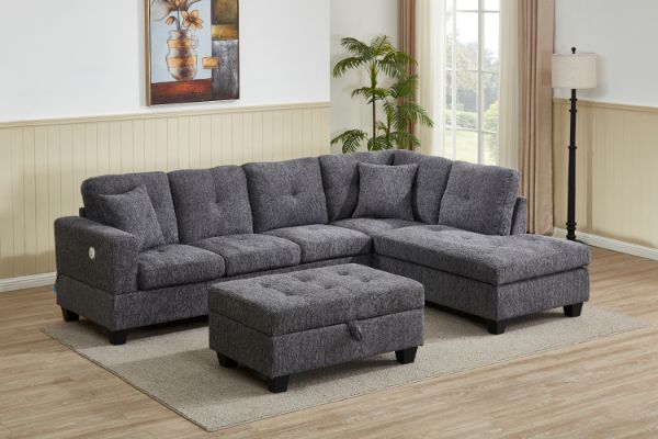 Picture of NEBULA Pro Chenille Fabric Sectional Sofa with Storage Ottoman (Dark Grey) - Chaise Facing Right