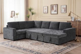 Picture of HENRIK U-Shape Tufted Sectional Sofa/Pull-Out Sofa Bed with Storage - Chaise Facing Right