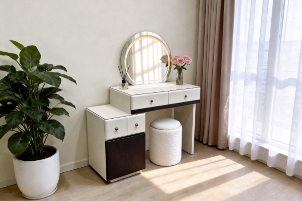 Picture of GLOW 3-Drawer 80-119 Extension Dressing Table with LED Mirror and NOOK Makeup Stool Set