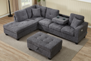 Picture of NEBULA Pro Chenille Fabric Sectional Sofa with Storage Ottoman & Drop-Down Console & USB & Type-C Port (Dark Grey)