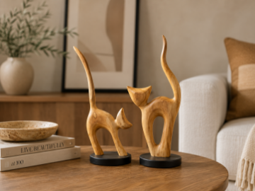 Picture of 650-048 Solid Teak Wood Cat Decorative Sculptures - Set of 2 (H38 & 40cm)