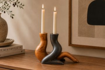Picture of 650-052 Solid Teak Wood Candle Holder Set (25x11x17cm)