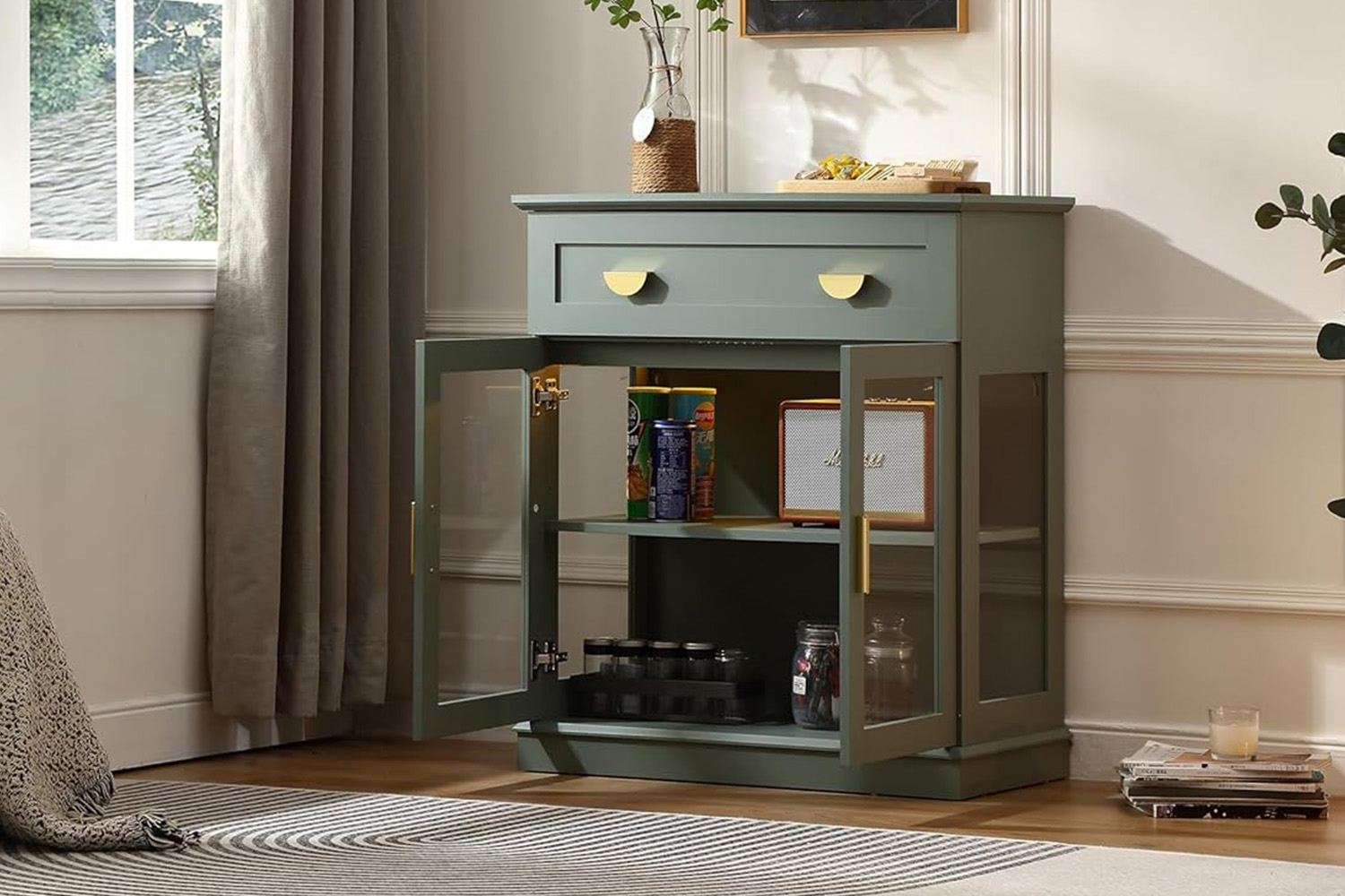 MIREL 2-Door 1-Drawer Storage Cabinet with LED Lighting (Green)