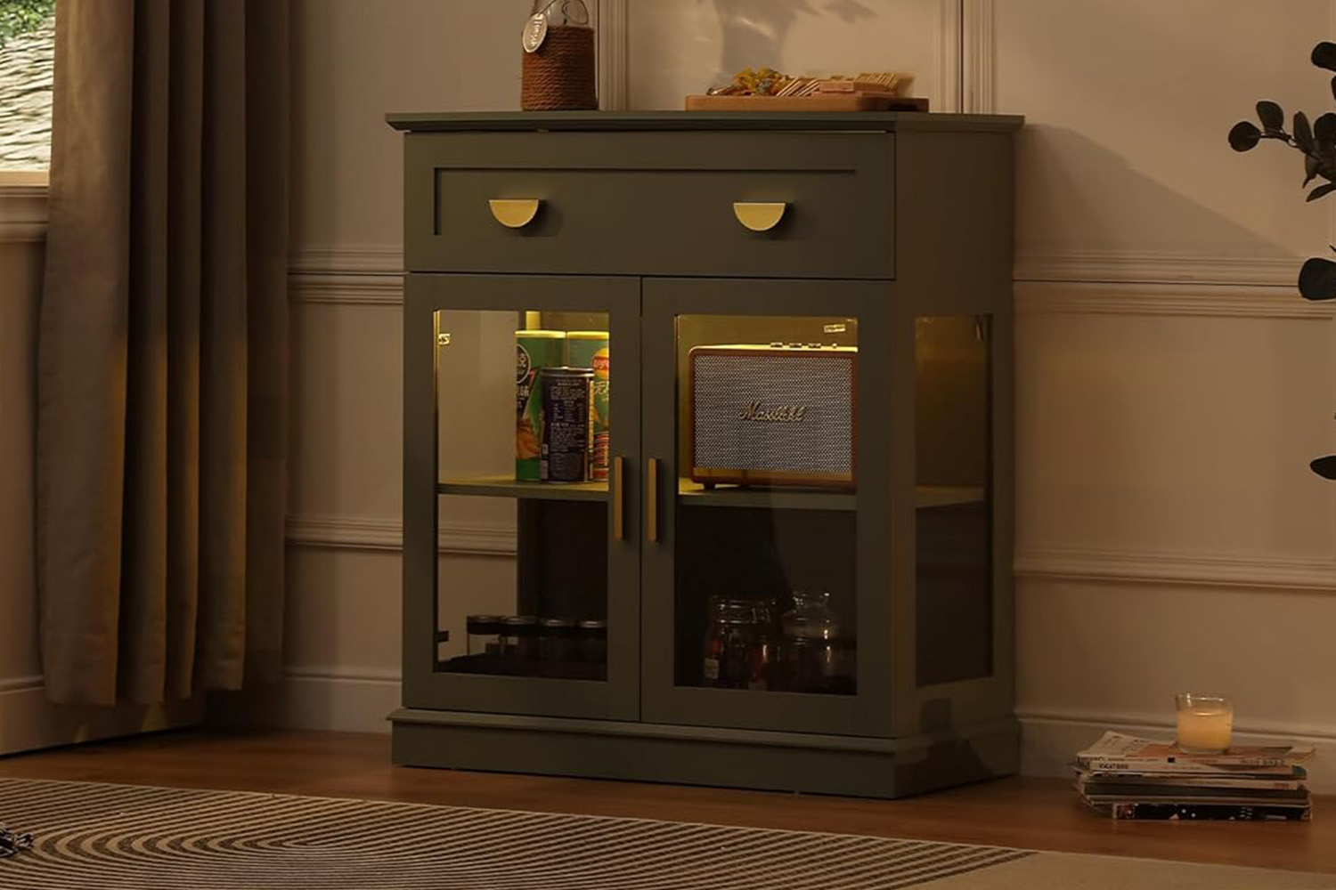 MIREL 2-Door 1-Drawer Storage Cabinet with LED Lighting (Green)