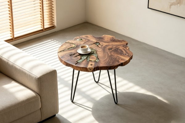 Picture of 659-035 NATURA Solid Teak Wood Freeform Side Table with Icy Glass Inlay
