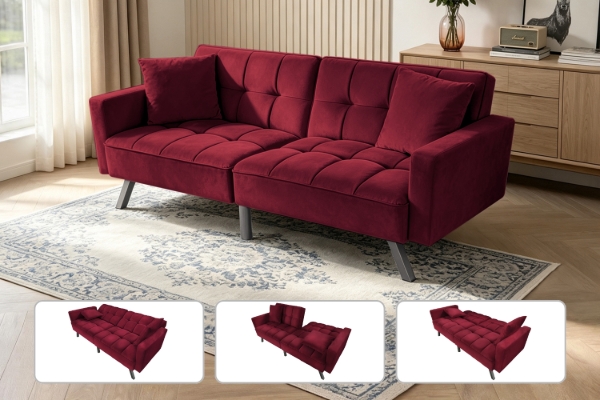 Picture of LUMI Convertible Sofa Bed with Adjustable Split-Back (Rose Burgundy)