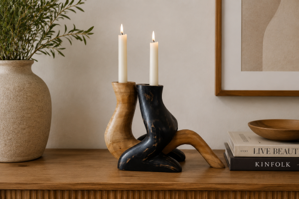 Picture of 650-052 Solid Teak Wood Candle Holder Set (25x11x17cm)