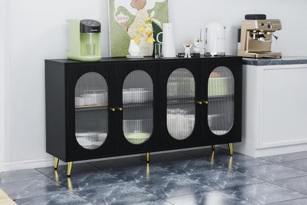 Picture of FIVEN 4-Door Arched Fluted Glass Buffet/Storage Cabinet (Black)