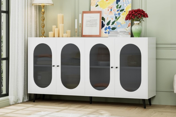 Picture of FIVEN 4-Door Arched Fluted Glass Buffet/Storage Cabinet (White)