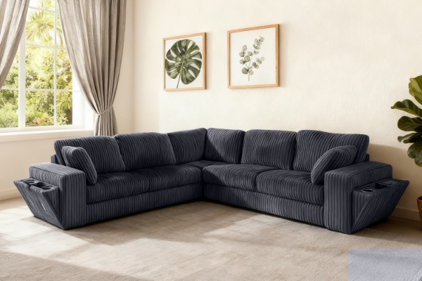 Picture of [FLOOR MODEL CLEARANCE] ALBERTA Corduroy Fabric Sectional Sofa with Built-in Bluetooth Speakers & Wireless Charging
