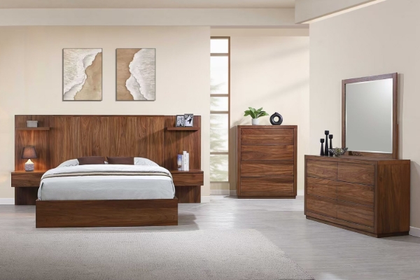 Picture of WALNOVA 3PC/4PC/5PC/6PC Solid Walnut Veneer Bedroom Combo Set with Side Pier in Queen Size