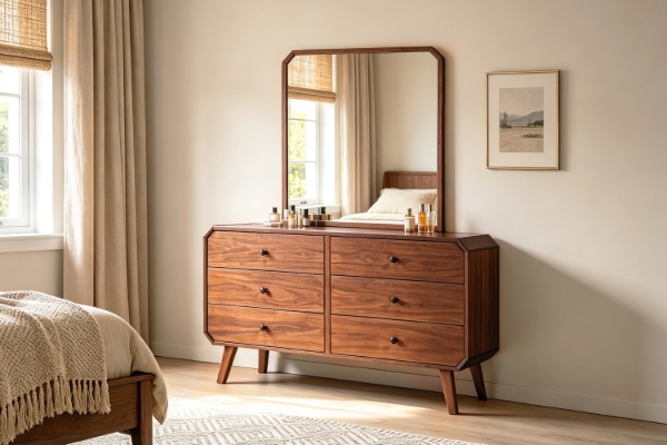 Picture of WALCOTT 6-Drawer Solid Walnut Veneer Dresser with Mirror