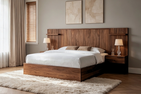 Picture of WALNOVA  Solid Walnut Veneer Bed Frame with Bedside Tables & Side Pier Set in Queen Size