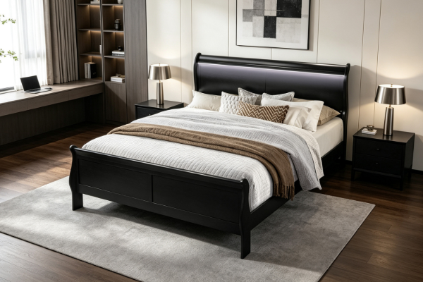 Picture of LOUIS Hevea Wood Bed Frame with LED Lighting Headboard in Queen Size (Black) 