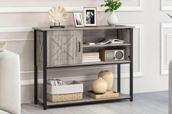 Picture of [FLOOR MODEL CLEARANCE] BESTIER Console Table with Storage Cabinet and Shelves (Grey)