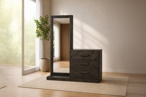 Picture of RIDHELINE Genuine Wood Veneer 3-Drawer Dresser with Mirror with 5-Tier Internal Shelf
