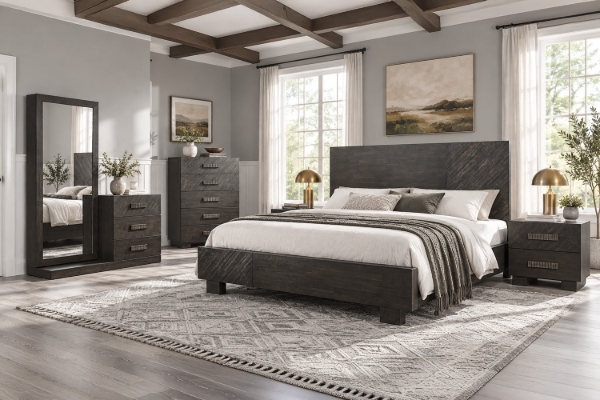 Picture of RIDHELINE 4PC/5PC/6PC Genuine Wood Veneer Bedroom Combo Set in Queen/King Size
