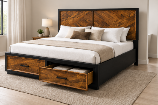 Picture of HERRINGBONE Genuine Wood Veneer Bed with 2 Storage Drawers - Queen Size