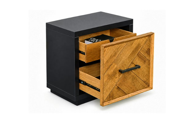 Picture of HERRINGBONE Genuine Wood Veneer Bedside Table with Hidden Compartment