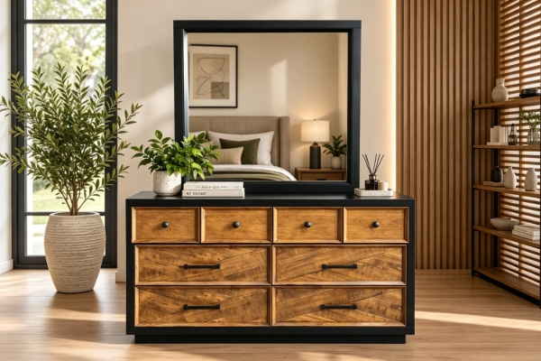 Picture of HERRINGBONE Genuine Wood Veneer 8-Drawer Dresser with Mirror