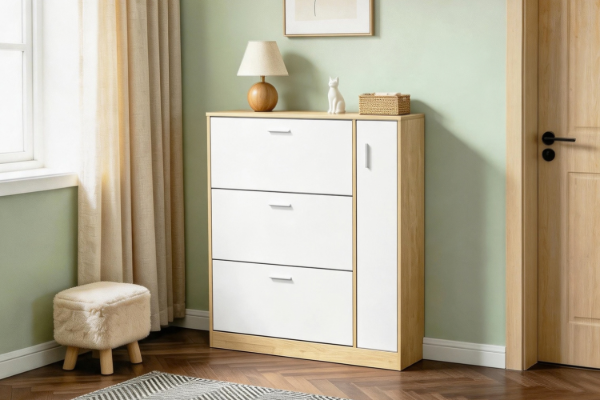 Picture of YORU 100 1-Door 3-Drawer Shoe Cabinet (Oak & White)