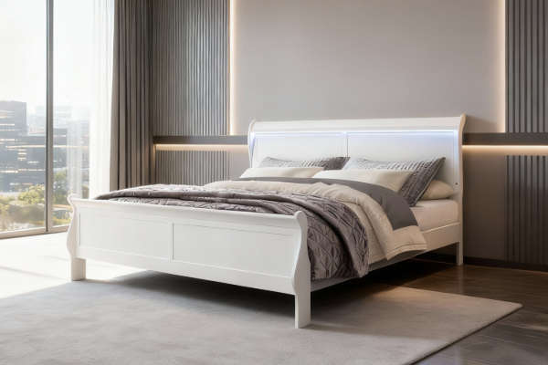 Picture of [FLOOR MODEL CLEARANCE]LOUIS Hevea Wood Bed Frame with LED Lighting Headboard in Queen Size (White)